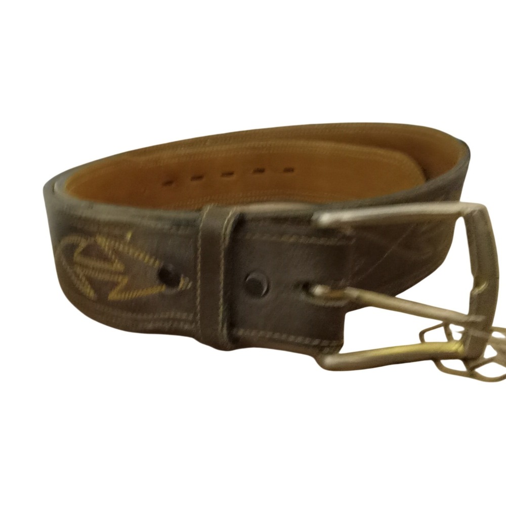 Mens Brown Leather Western Embroidered Belt Size 34 Geometric Stitch